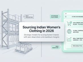 Illustration showing a modern fashion sourcing and fulfillment workflow for Indian women's clothing brands in 2026. On the left, a warehouse with clothing racks, shelves, and inventory storage represents bulk acquisition and inventory management. In the center, a panel reads “Sourcing Indian Women’s Clothing in 2026” with the subtitle “Strategic models for scaling fashion brands with zero dead stock and maximum margins.” On the right, a mobile store dashboard displays order fulfillment, global shipping, profit analytics, and on-demand fulfillment features, highlighting a technology-driven, zero-inventory business model.