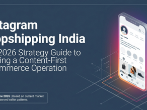 Cover image titled "Instagram Dropshipping India" with the subtitle "The 2026 Strategy Guide to Building a Content-First E-Commerce Operation." The graphic features a dark blue, technology-inspired background with an isometric smartphone displaying an Instagram-style profile interface. Neon gradient accents and digital grid elements emphasize social commerce, content marketing, and modern e-commerce growth. A footer notes "Updated June 2026 | Based on current market data and observed seller patterns," presenting the design as a professional strategy guide for Instagram-based dropshipping in India.