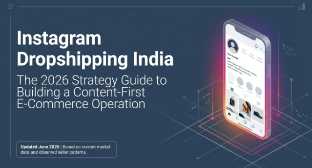 Cover image titled "Instagram Dropshipping India" with the subtitle "The 2026 Strategy Guide to Building a Content-First E-Commerce Operation." The graphic features a dark blue, technology-inspired background with an isometric smartphone displaying an Instagram-style profile interface. Neon gradient accents and digital grid elements emphasize social commerce, content marketing, and modern e-commerce growth. A footer notes "Updated June 2026 | Based on current market data and observed seller patterns," presenting the design as a professional strategy guide for Instagram-based dropshipping in India.