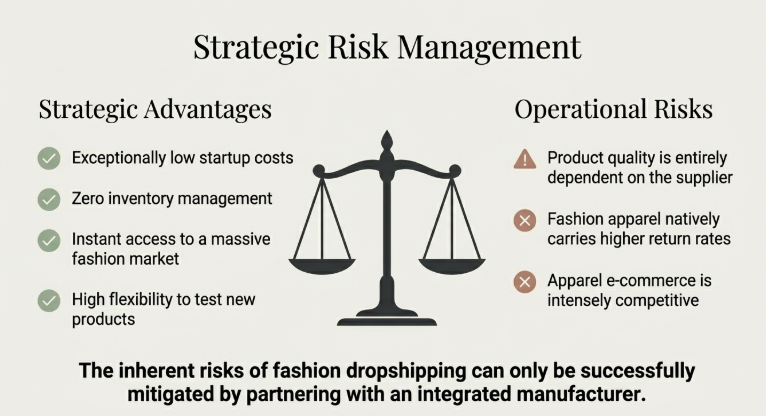 Infographic titled “Strategic Risk Management” comparing advantages and operational risks of fashion dropshipping, including low startup costs, no inventory, high competition, and dependence on supplier quality.