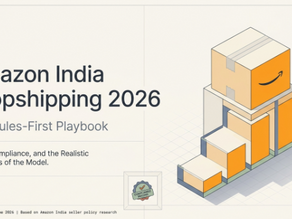 Cover image titled "Amazon India Dropshipping 2026: The Rules-First Playbook" featuring an isometric illustration of stacked Amazon-style shipping boxes. The subtitle highlights policy, compliance, and the realistic economics of the dropshipping model, emphasizing a compliance-first approach for Amazon India sellers. The clean white background with subtle grid lines and a badge indicating updated research gives the graphic the appearance of a professional industry report.