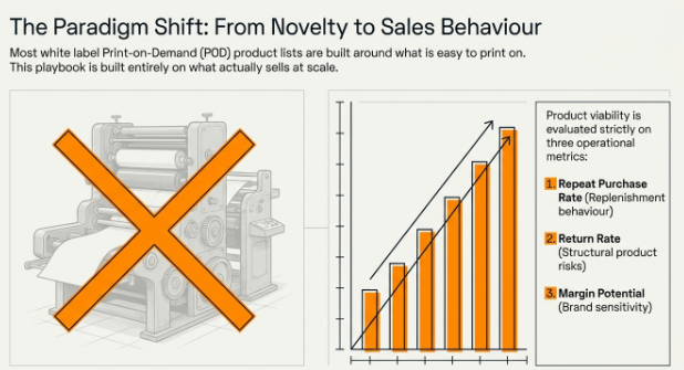 Infographic titled "The Paradigm Shift: From Novelty to Sales Behaviour" explaining that successful white label print-on-demand (POD) businesses should focus on customer buying behaviour rather than products that are simply easy to print. The left panel shows a printing press crossed out with a large orange "X," symbolizing the shift away from a production-first mindset. The right panel features an upward-trending bar chart representing scalable product performance, alongside three key evaluation metrics: repeat purchase rate, return rate, and margin potential. The graphic emphasizes using data-driven product selection to build a sustainable and scalable e-commerce brand.