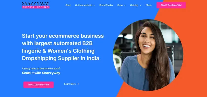 A website landing page for Snazzyway Dropshipping with a blue and orange design, featuring a smiling woman in a circular frame on the right and text promoting starting an ecommerce business with a large automated B2B lingerie and women’s clothing dropshipping supplier in India, along with a ‘Start 7 Days Free Trial’ button