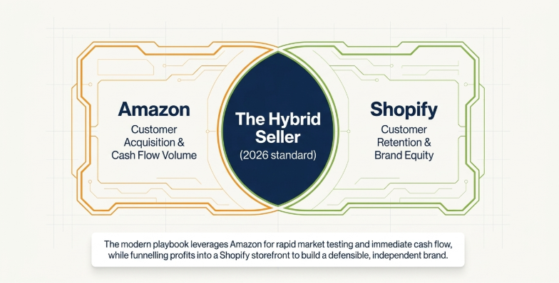 Strategic infographic illustrating the “Hybrid Seller” ecommerce model for 2026, combining Amazon and Shopify into a unified business system. The left side positions Amazon as the engine for customer acquisition and cash flow generation, while the right side presents Shopify as the platform for customer retention and long-term brand equity. The center highlights the hybrid seller approach that uses Amazon for rapid market testing and immediate sales while reinvesting profits into a Shopify storefront to build an independent, defensible ecommerce brand. Modern corporate design with interconnected technology-inspired visuals symbolizing multi-channel ecommerce integration.