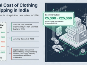 Infographic showing the estimated cost to start a clothing dropshipping business in India in 2026, with a baseline investment of ₹5,000–₹25,000 and a breakdown of key startup expenses