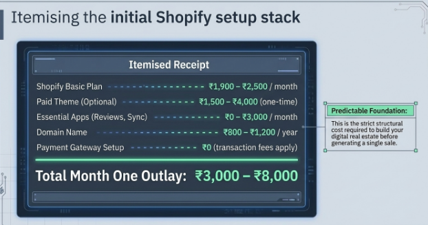 Infographic showing the estimated first-month Shopify setup costs for a clothing dropshipping store in India, including Shopify plan, domain, apps, theme, and payment gateway, totaling ₹3,000–₹8,000
