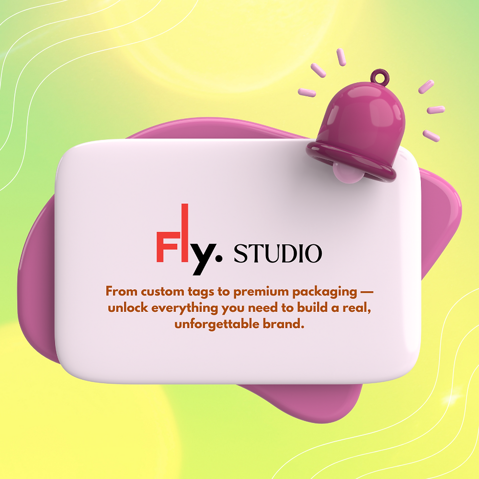 A vibrant and modern hero banner showcasing the Fly Studio branding services. The design highlights a bold message: “From custom tags to premium packaging — unlock everything you need to build a real, unforgettable brand.” A 3D notification bell accent adds a dynamic visual cue, set against a smooth pastel background with abstract waves and gradients. Perfect for promoting personalized packaging and branding solutions.