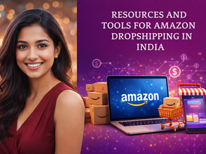 Resources and tools for Amazon dropshipping in India featuring seller dashboard, packaging boxes, mobile storefront, and professional business model visual