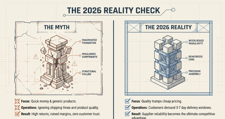 2026 dropshipping reality check infographic showing myth vs reality with focus on quality, fast delivery, and reliable supplier strategy