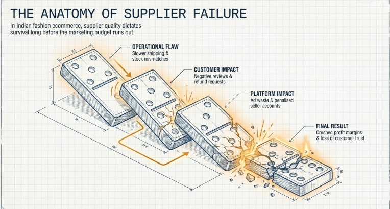 Blueprint-style infographic titled “The Anatomy of Supplier Failure” illustrating how supplier problems create a chain reaction in Indian fashion ecommerce. A sequence of collapsing domino-like blocks represents escalating issues: operational flaws such as slower shipping and stock mismatches, customer impact through negative reviews and refund requests, platform impact including ad waste and account penalties, and the final result of damaged profit margins and lost customer trust. The engineering-style design emphasizes how backend supplier failures can break an ecommerce business.