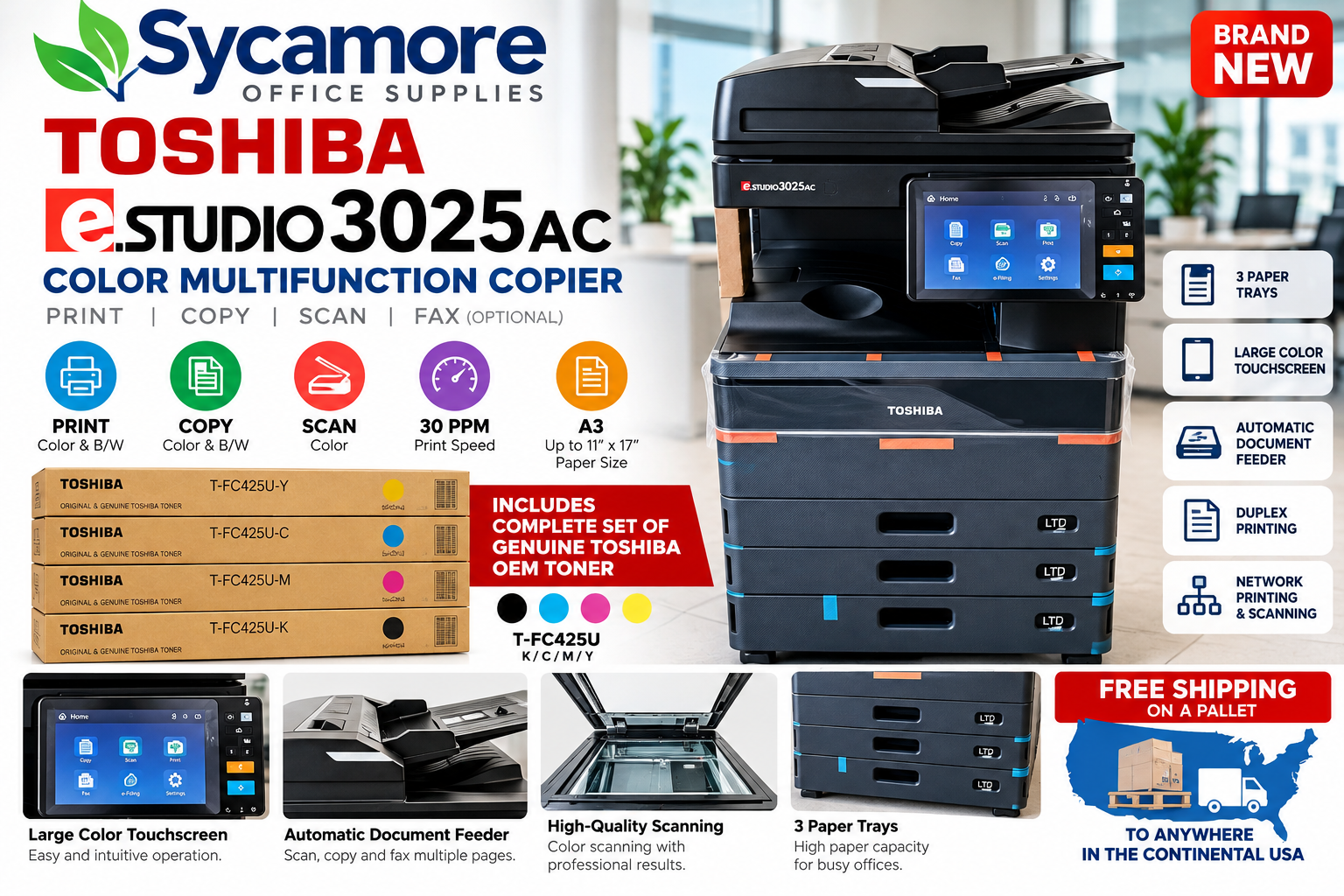 NEW Toshiba e-STUDIO 3025AC Color Copier Printer Scanner MFP + OEM Toner Set