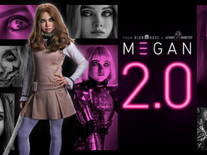 Promotional image from the film MEGAN 2.0 used in a critical blog review by fiction writer Jorge Santa Cruz, featured on www.alas.city, exploring how the sequel loses its original tone and identity while offering lessons in branding and marketing missteps.