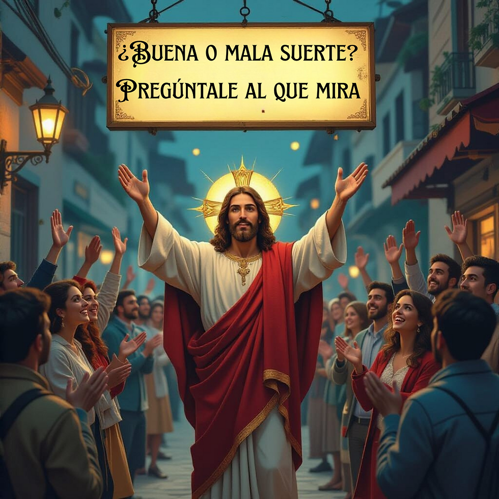 Ilustración satírica mostrando a Jesucristo en el centro mientras personas alrededor experimentan buena y mala suerte, en estilo caricatura colorida y humor irónico, perspectiva divertida de la vida