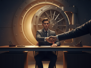 A man sitting at a desk infront of a vault dressed in a suit and tie shaking the hand of a man off screen