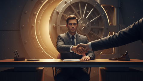 A man sitting at a desk infront of a vault dressed in a suit and tie shaking the hand of a man off screen