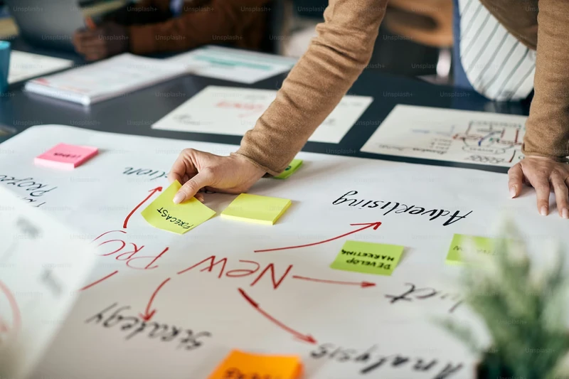 A woman's hand laying a sticky note down on a whiteboard that has other drawings and words on it.