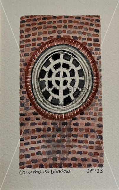 watercolor painting close-up of Colonial Williamsburg courthouse window