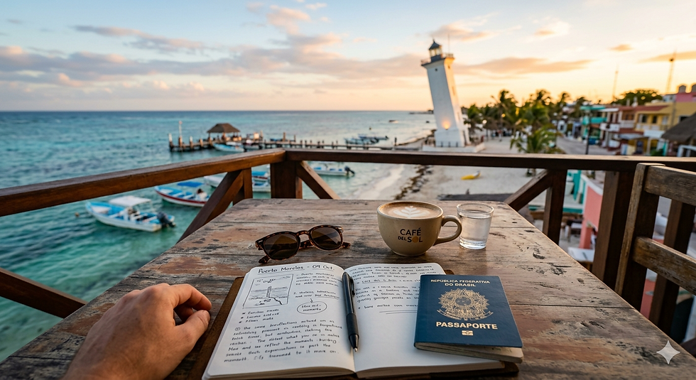 Entardecerem frente ao farol de Puerto Morelos, Riviera Maya - México.