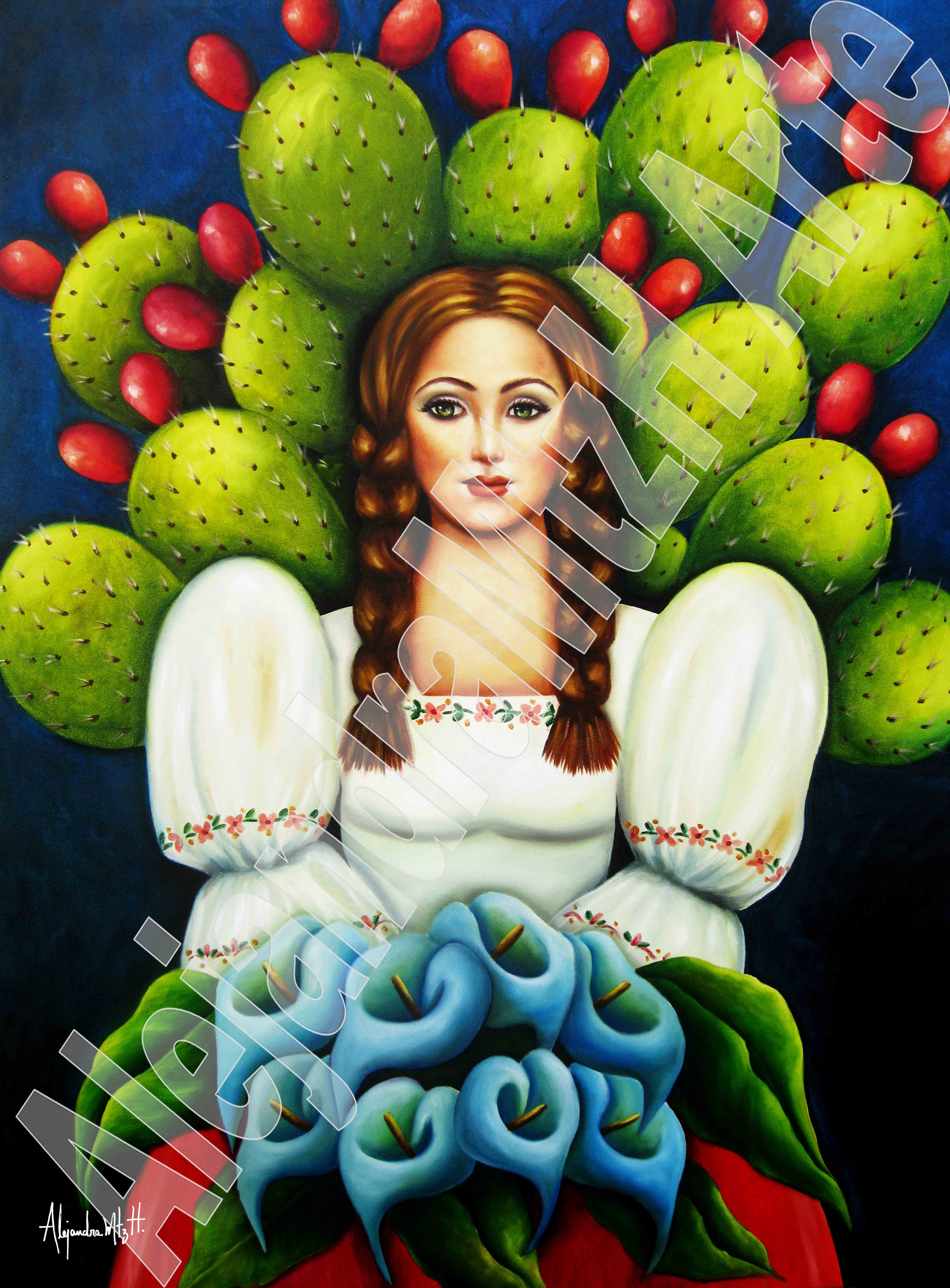 Girl with cactus and calla lilies