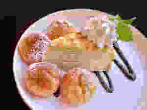 Cake. Dessert. Crepe. Custard. Whipped cream. Food. Cream Puff. Restaurant.