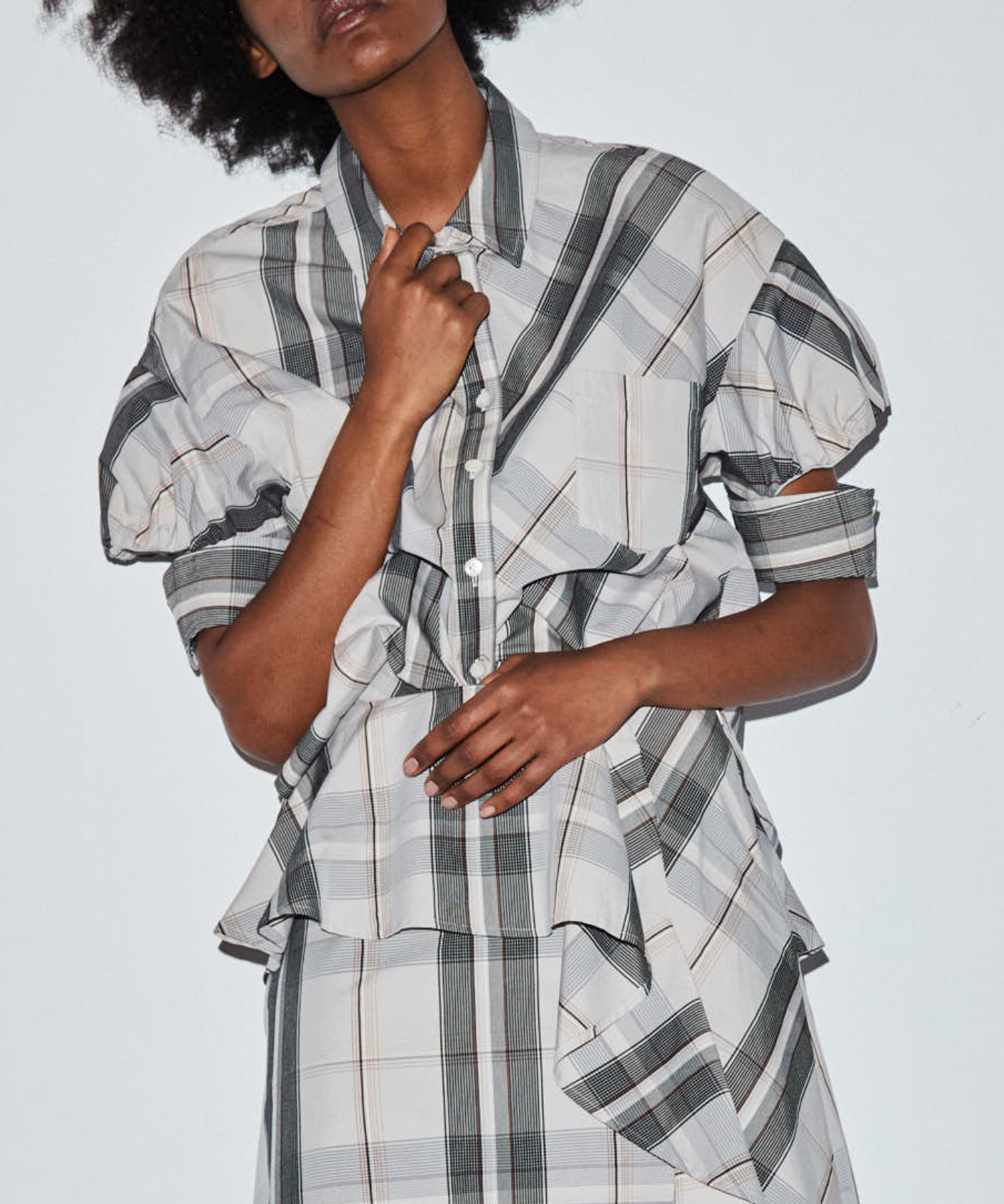 Glen check puff sleeve shirt blouse