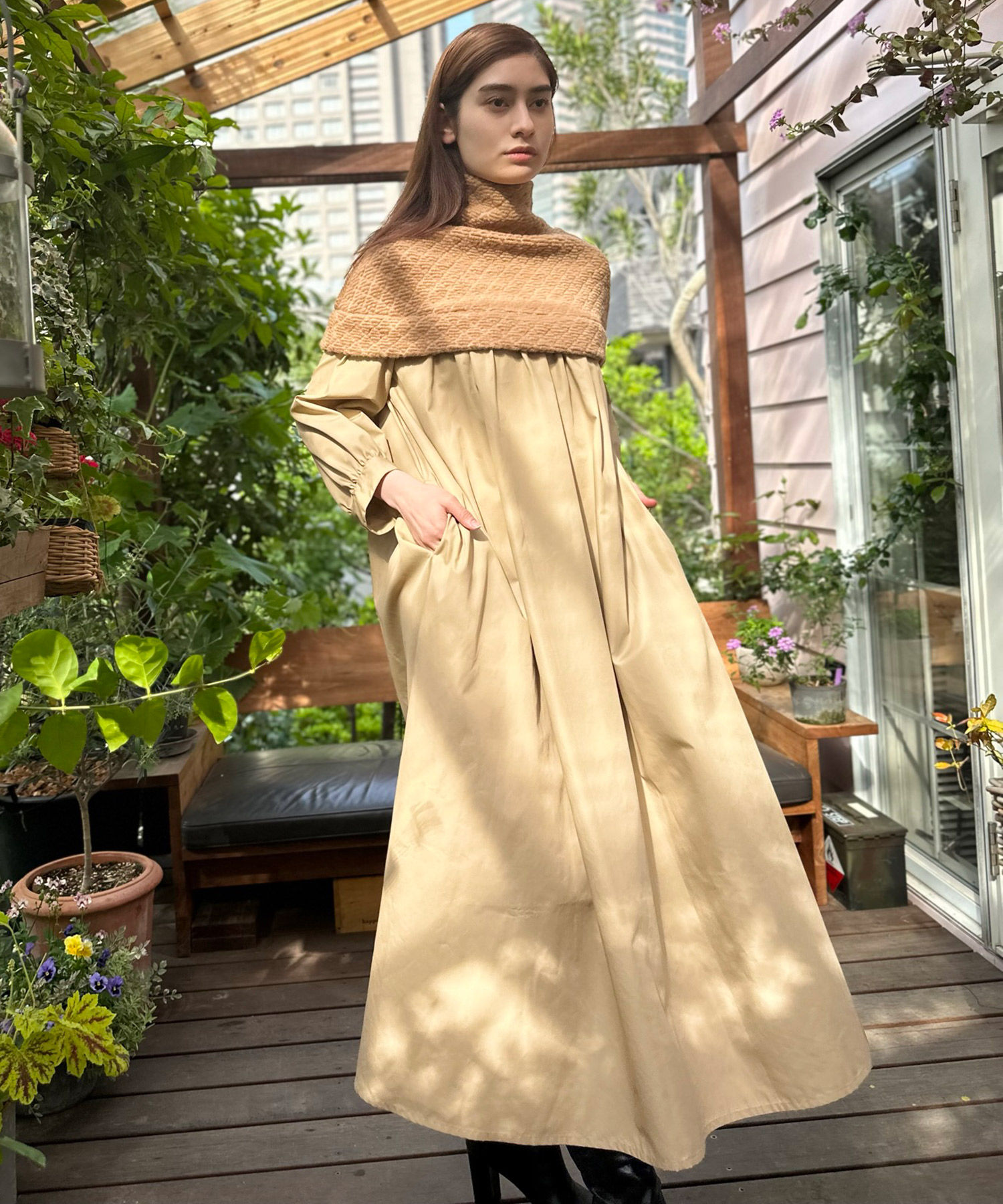 Quilted knit cape long dress