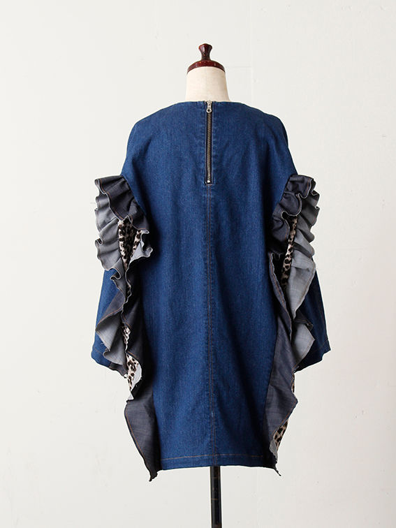 サムネイル： Chambray ruffle denim ×Leopard pattern dress