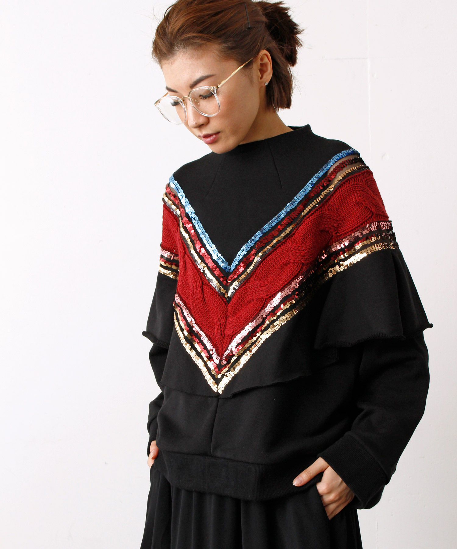 Cable Spangle switching French Terry Cape pullover