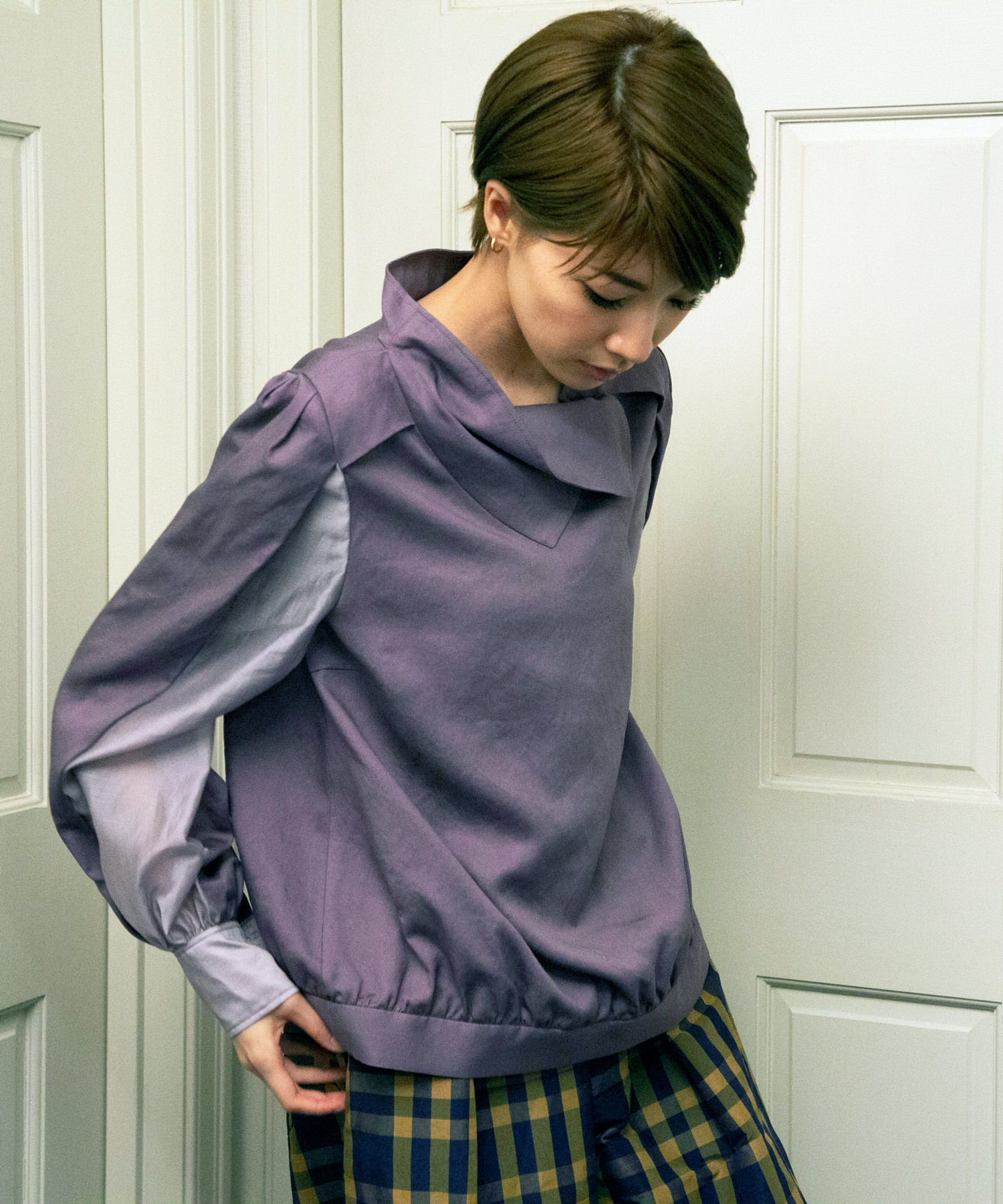 Organdy sleeve switching high neck blouse(SAMPLE)