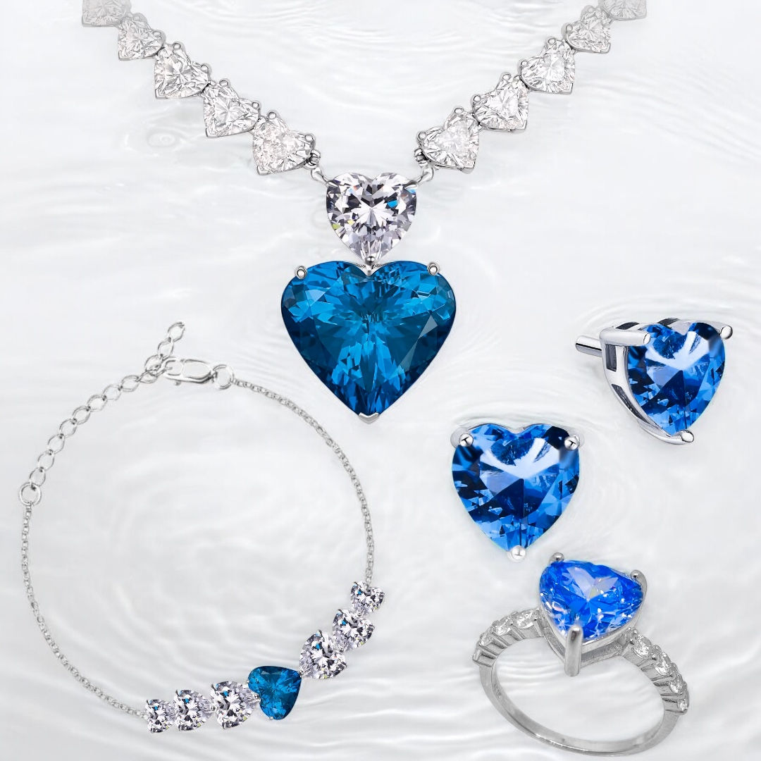 Luna Capri Blue Koleksiyonu 925 ayar Gümüş 18 ayar Beyaz Altın Kaplama Set