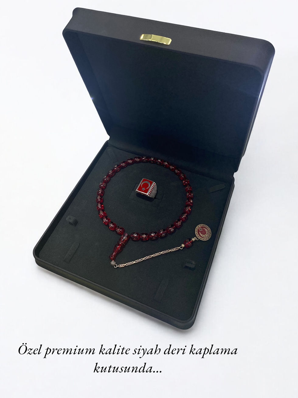 Küçük resim: Çakımlı Özel Usta işi Ateş Kehribar Tesbih ve 925 ayar Gümüş erkek yüzük set