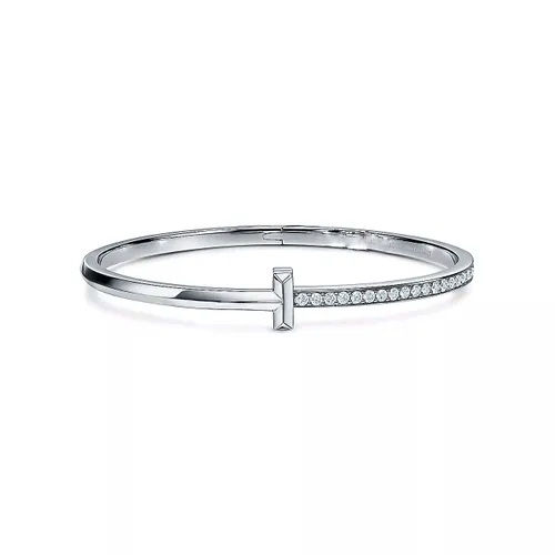 Küçük resim: T kelepçe Yarı taş model 925 Ayar Gümüş 18 Ayar Beyaz Altın Kaplama Bilezik