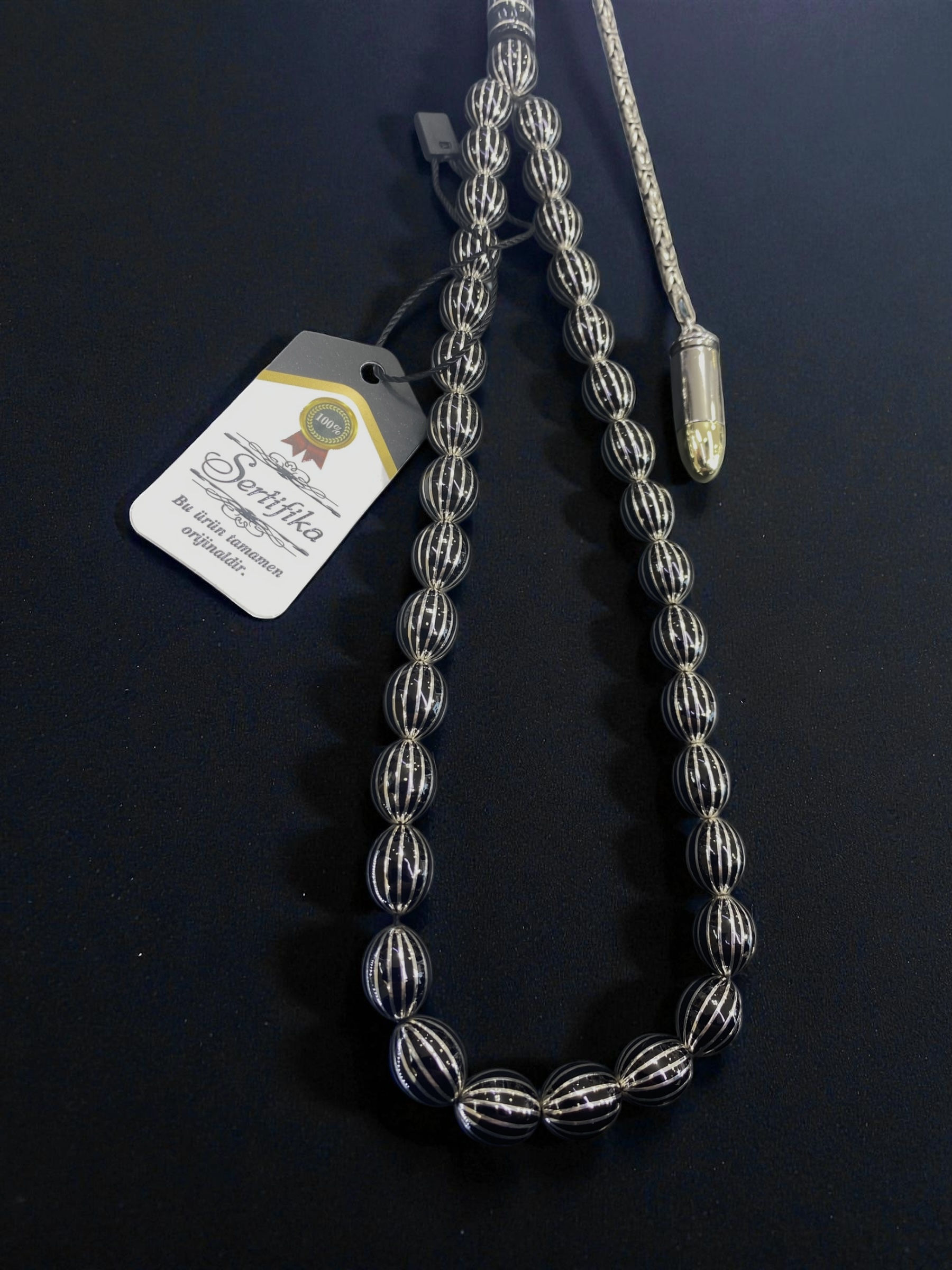 Erzurum Oltu Tesbih 925 Ayar Gümüş Çakımlı 16lı karpuz yarma Gümüş püsküllü