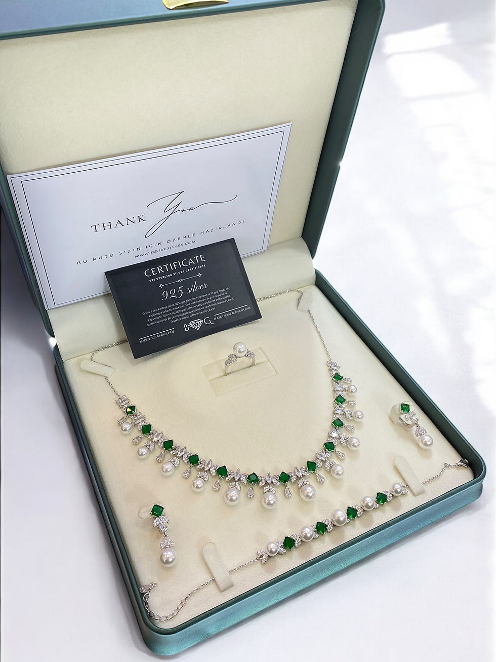 Küçük resim: İnci & Zümrüt Gerdanlık set 925 ayar Gümüş 18 ayar Beyaz Altın Kaplama