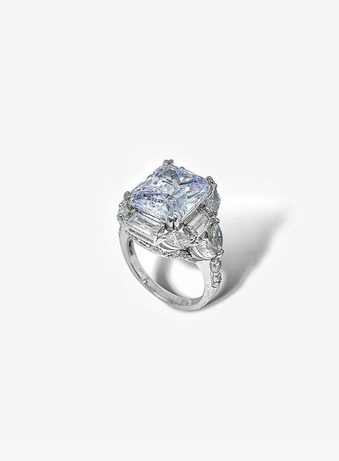 Küçük resim: Noir Luxe serisi 925 ayar Gümüş 18 ayar Beyaz Altın Kaplama Baget Kadın yüzük 