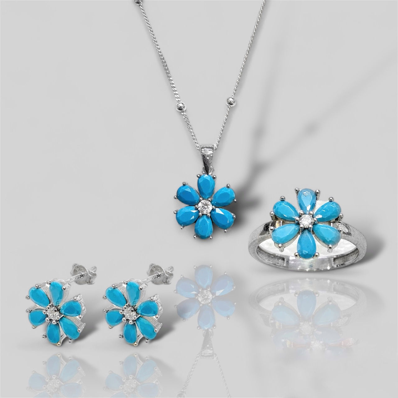 Firuze taş 6 yapraklı yonca set 925 ayar gümüş 18 Ayar Beyaz Altın Kaplama