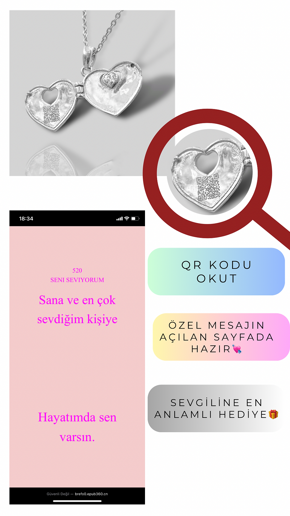 Küçük resim: Qr Kalp Kolye 925 ayar Gümüş 18 ayar Beyaz Altın kaplama kolye