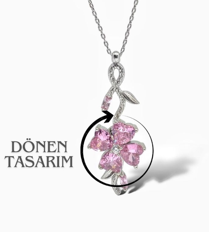 Küçük resim: Dönen pembe yonca Kolye 925 ayar Gümüş 18 ayar Beyaz Altın Kaplama