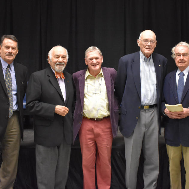 Roger Boulton, Narsai David, Hugh Johnson, Robert Thompson, Warren Winiarski at "The Emergence of Modern California Wine" event at UC Davis Library on November 8, 2017