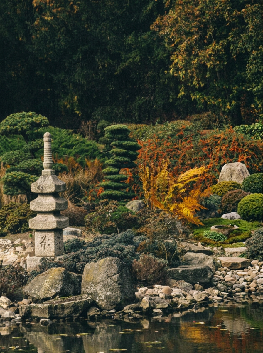Photo verticale d’un jardin zen avec une lanterne en pierre près de l’eau, ambiance calme et méditative