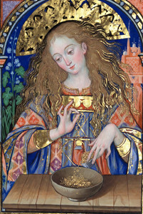 Medieval illuminated manuscript illustration of a noblewoman with long, flowing golden-brown hair in ornate blue and red robes. She is gently pouring grains or seeds into a bowl, framed by a golden halo and decorative arch, symbolizing abundance and nourishment.