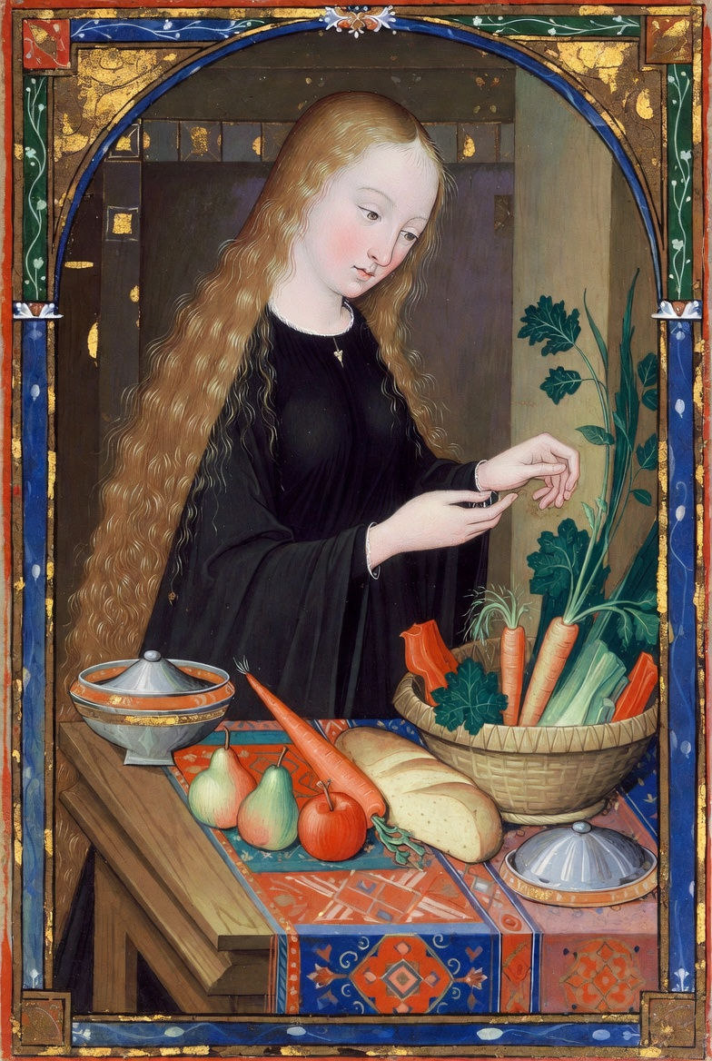 Medieval-style illustration of a woman with very long blonde hair standing at a table filled with fruit, vegetables, and bread.