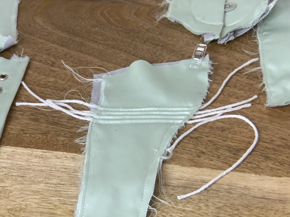 Victorian corset corded light blue silk yellow flossing spoon busk pattern drafted pattern historical