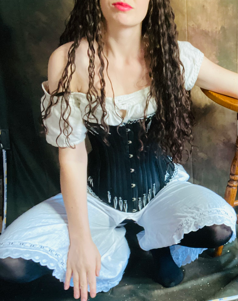 black corset split drawers edwardian victorian white linen chemise stockings