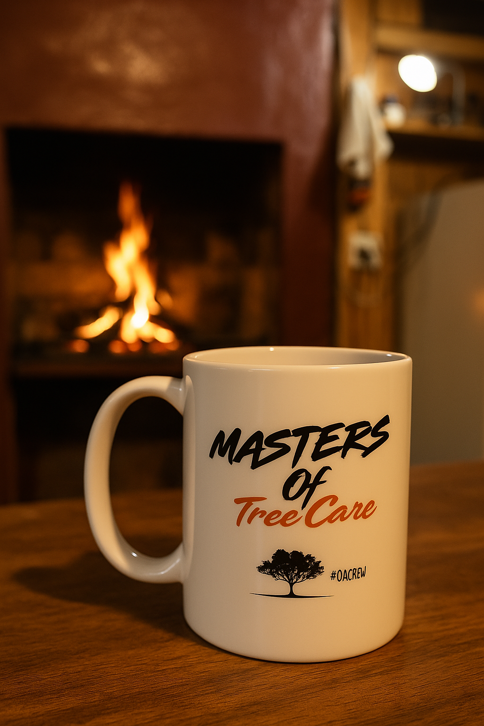 White mug with "Masters of Tree Care" and #OACrew text, set on a wooden table by a warm, glowing fireplace in a cozy room.