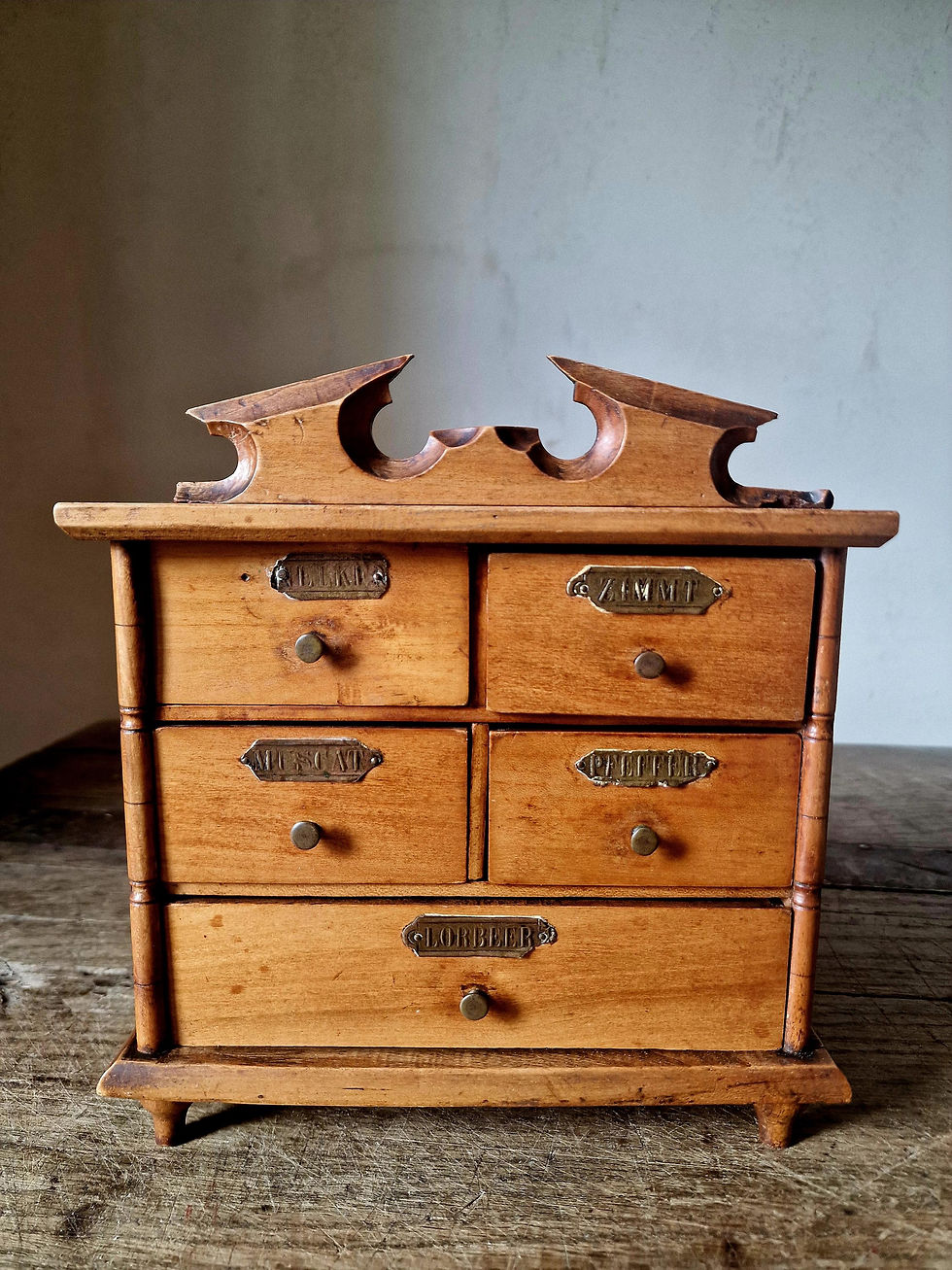 Thumbnail: Antique Wall Spice Cabinet. German Wooden Miniature Set of Spice Drawers