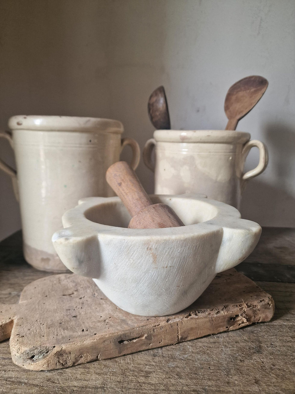 Thumbnail: Vintage Italian Marble Mortar and Wooden Pestle. 1940s