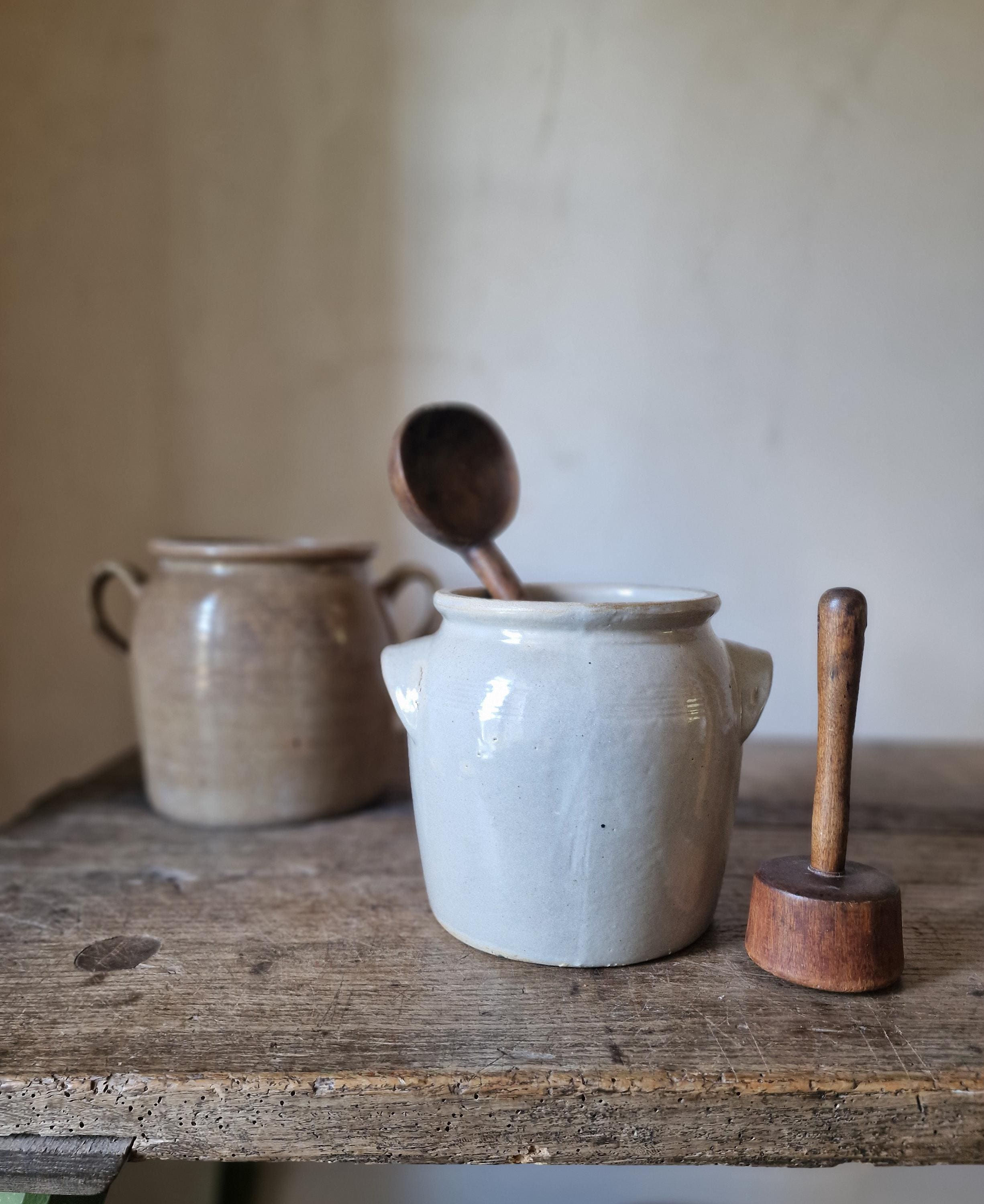 Vintage French Grey Stoneware Confit Pot. Glazed.