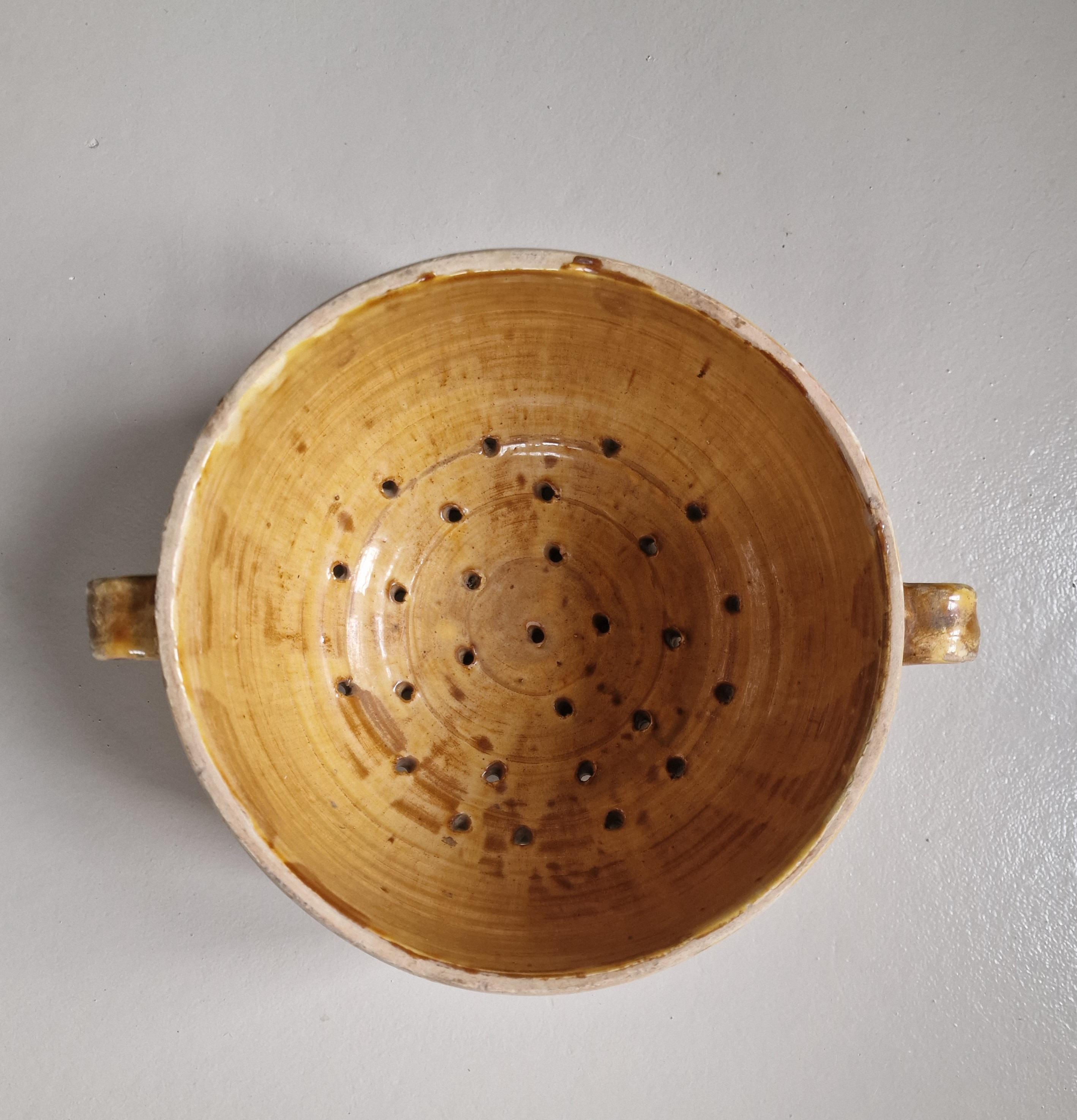 Vintage French Terracotta Ochre Colander. Antique Sieve.