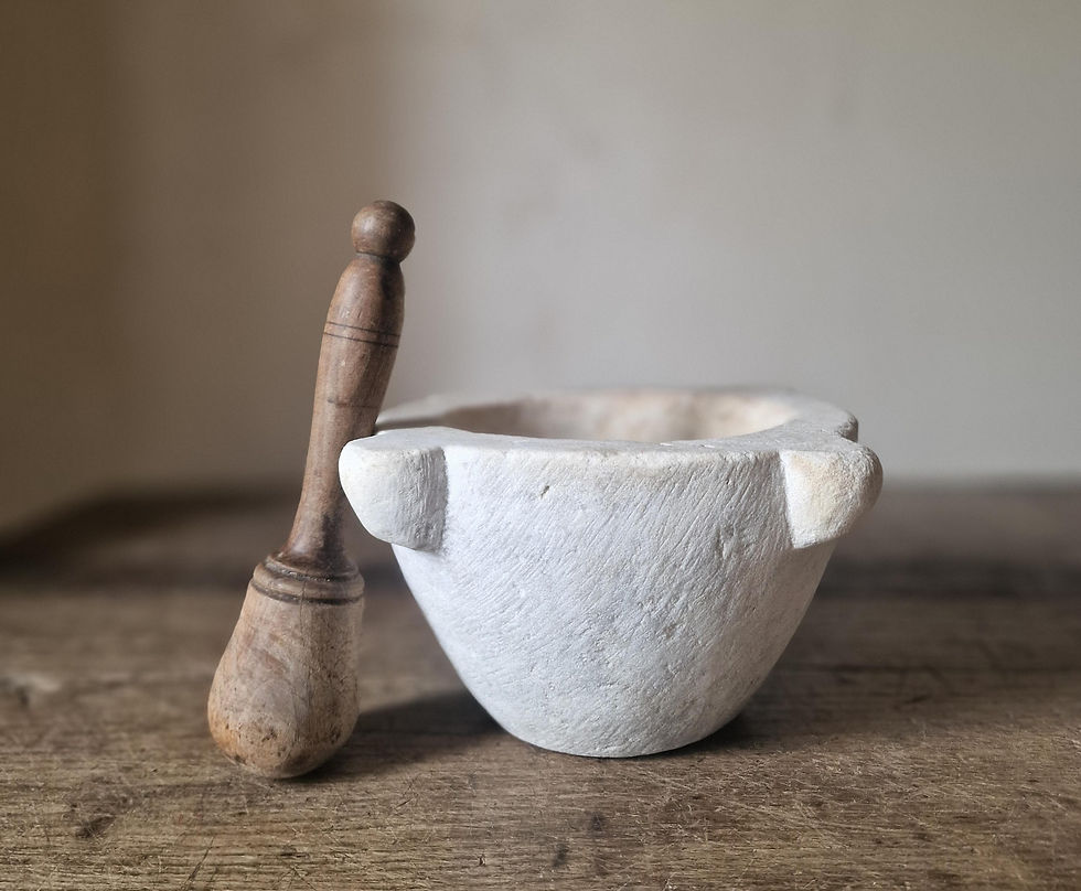 Thumbnail: Antique Italian Marble Mortar and Wooden Pestle. Early 20th Century.